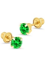 handsome yellow gold 4mm round basket May birthstone baby earrings